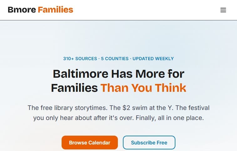 BmoreFamilies.com homepage — live city events site built with STEEPWORKS