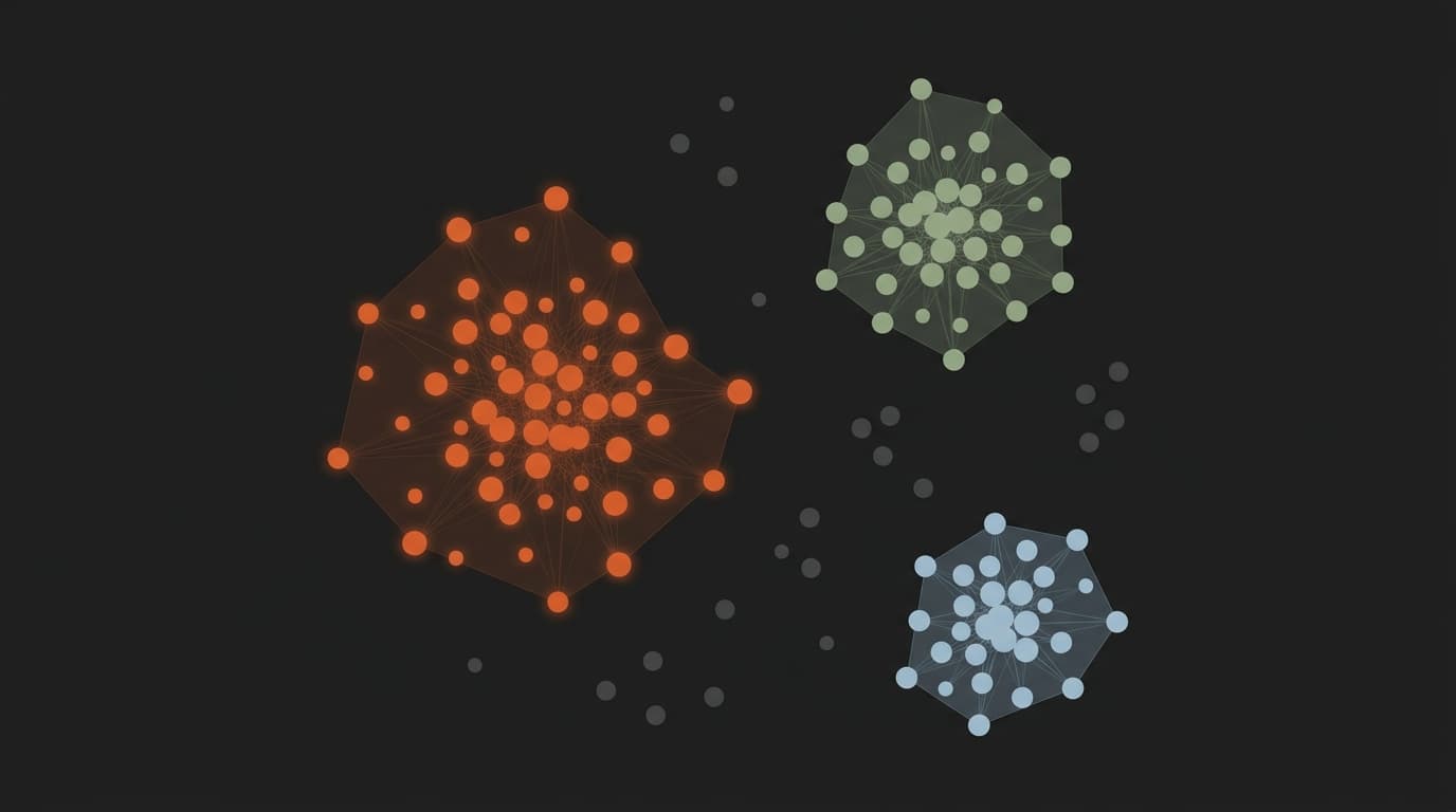 HDBSCAN clustering visualization showing three keyword clusters in ember, moss, and sky colors with scattered noise points